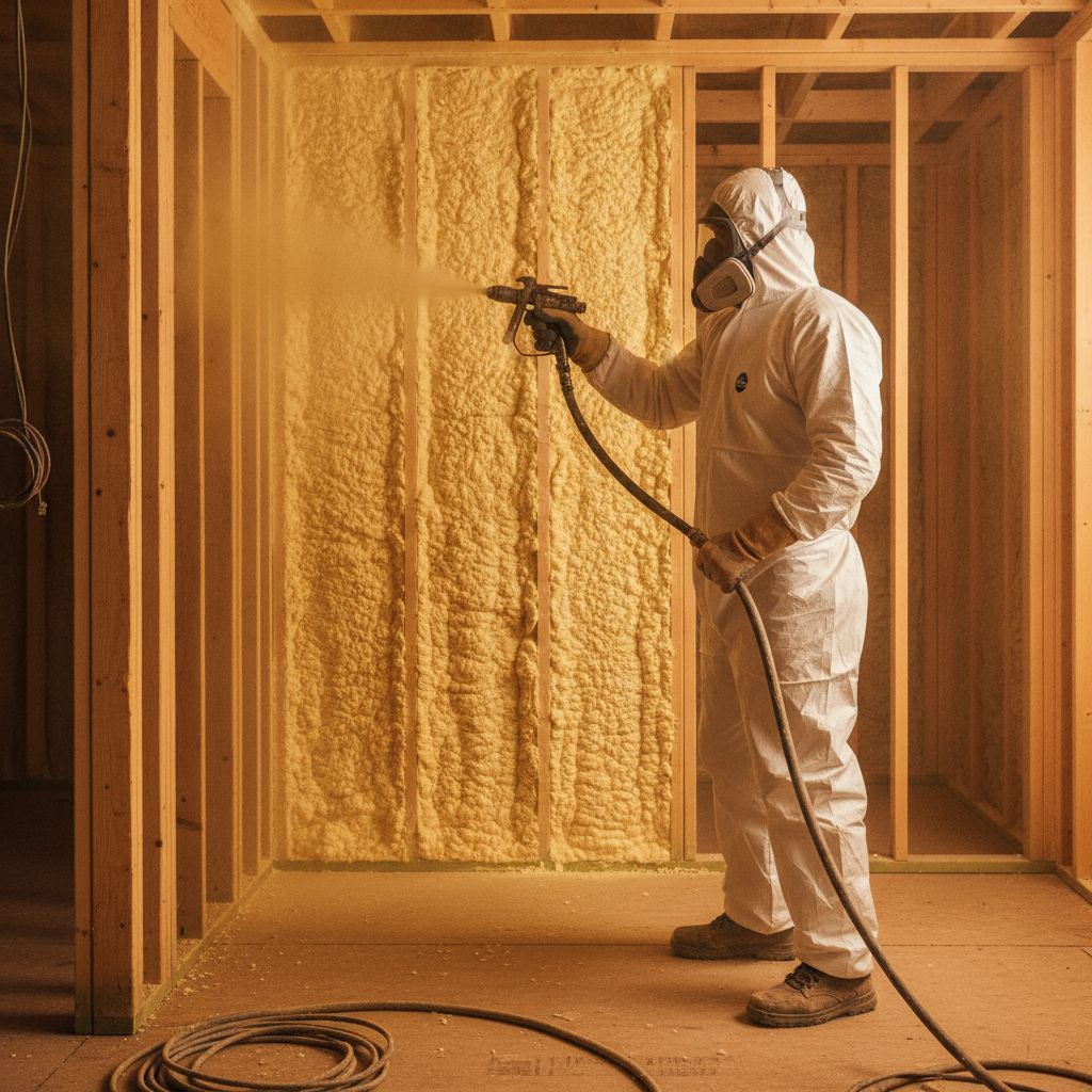 Technician applying spray foam insulation on a job site